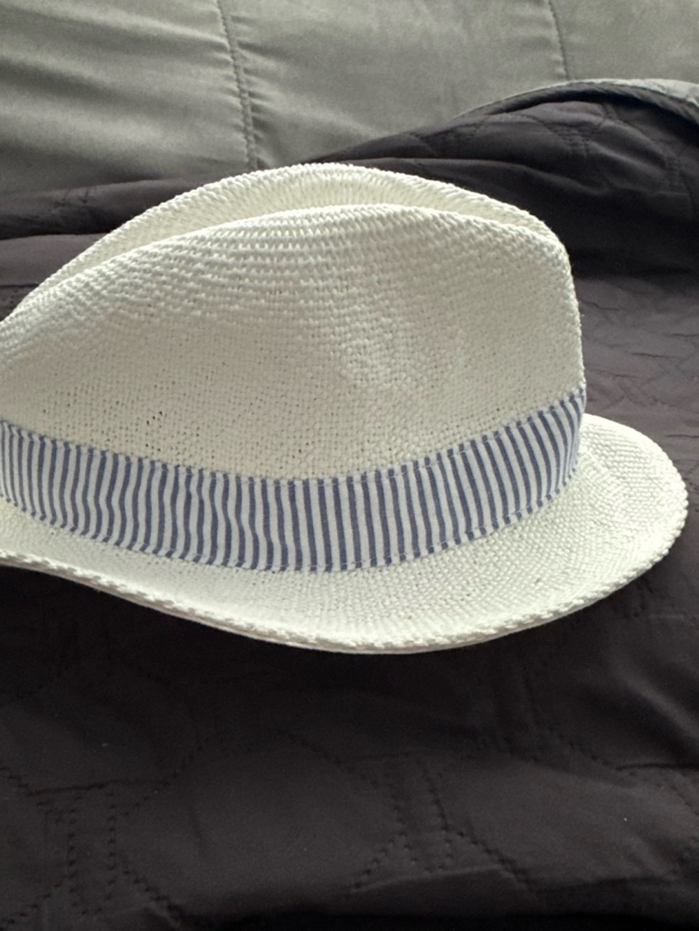 Janie and Jack White Straw Fedora with Blue Striped Band